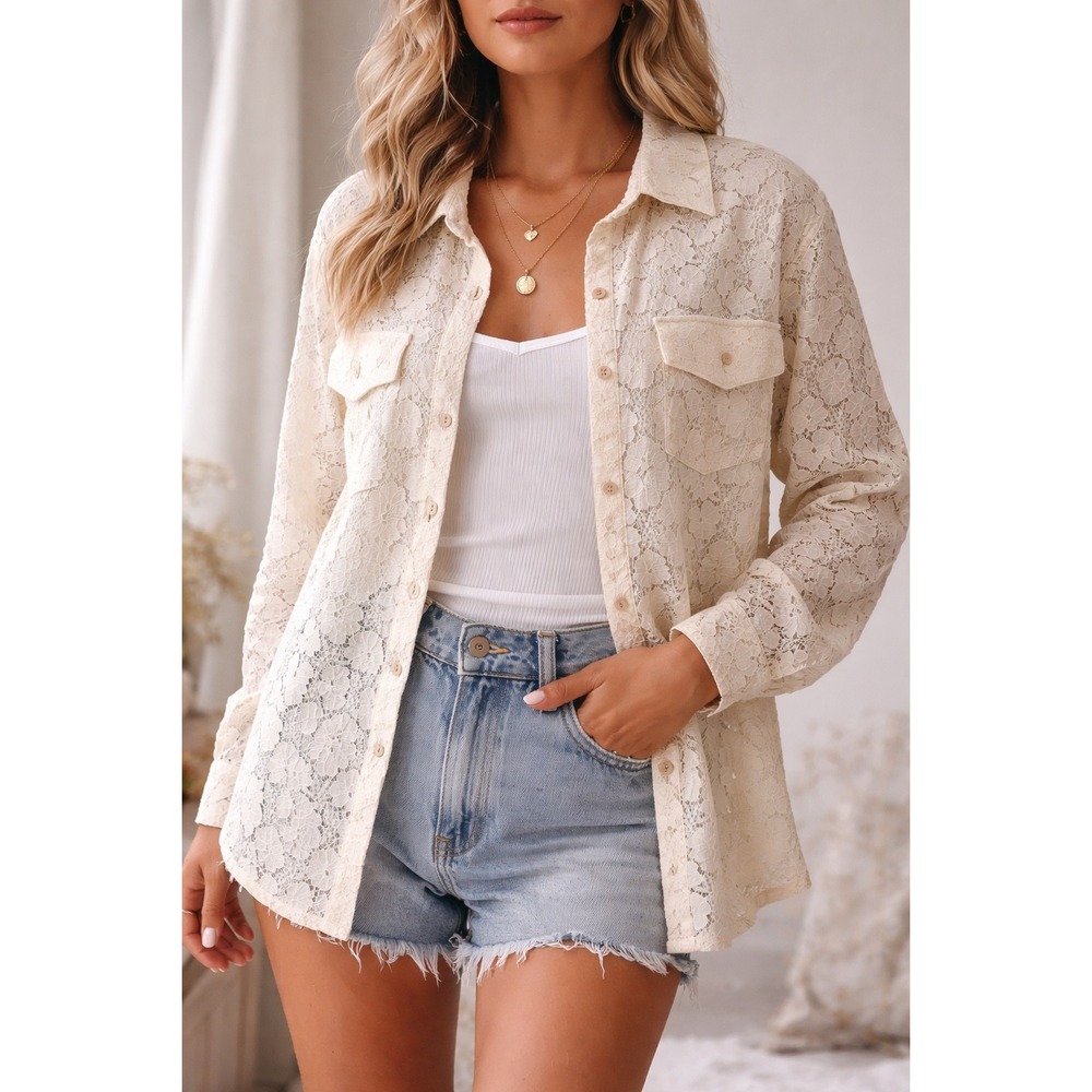 Bucket‎ List Cream Floral Lace Button Down Shacket Boho Cottagecore Top Sz L